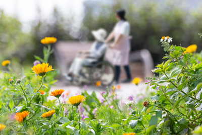 Patient in wheelchair with nurse in garden.